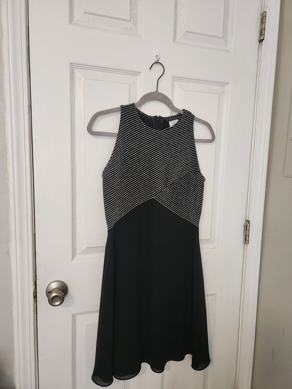 Black and Silver Sleeveless Striped Bodice Midi Dress